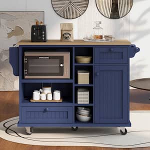 Dark Blue Kitchen Island Cart with Storage Cabinet and Two Locking Wheels Floor Standing Buffet Sideboard