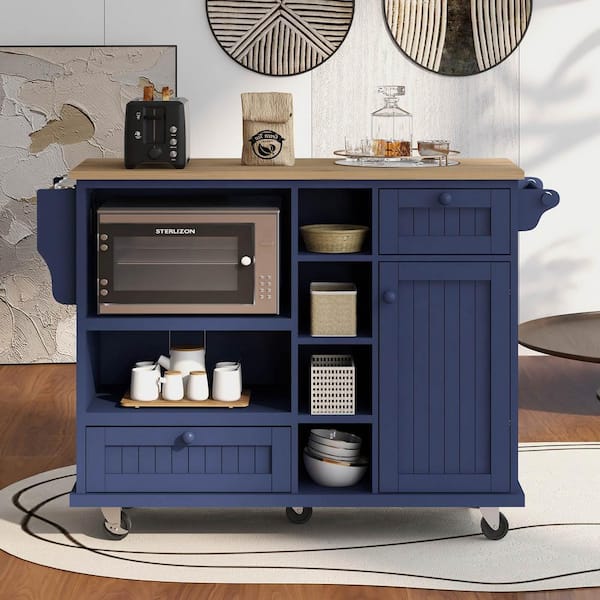 Unbranded Dark Blue Kitchen Island Cart with Storage Cabinet and Two Locking Wheels Floor Standing Buffet Sideboard