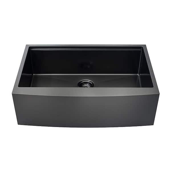 Loile 36 in. L Apron Front Farmhouse Single Bowl 16 Gauge Gunmetal Black Stainless Steel Kitchen Sink with Accessories
