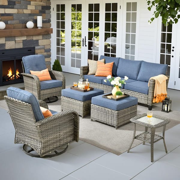 Daphne 6-Piece Wicker Patio Conversation Sofa Seating Swivel Rocking Chairs Set with Ottomans and Denim Blue Cushions