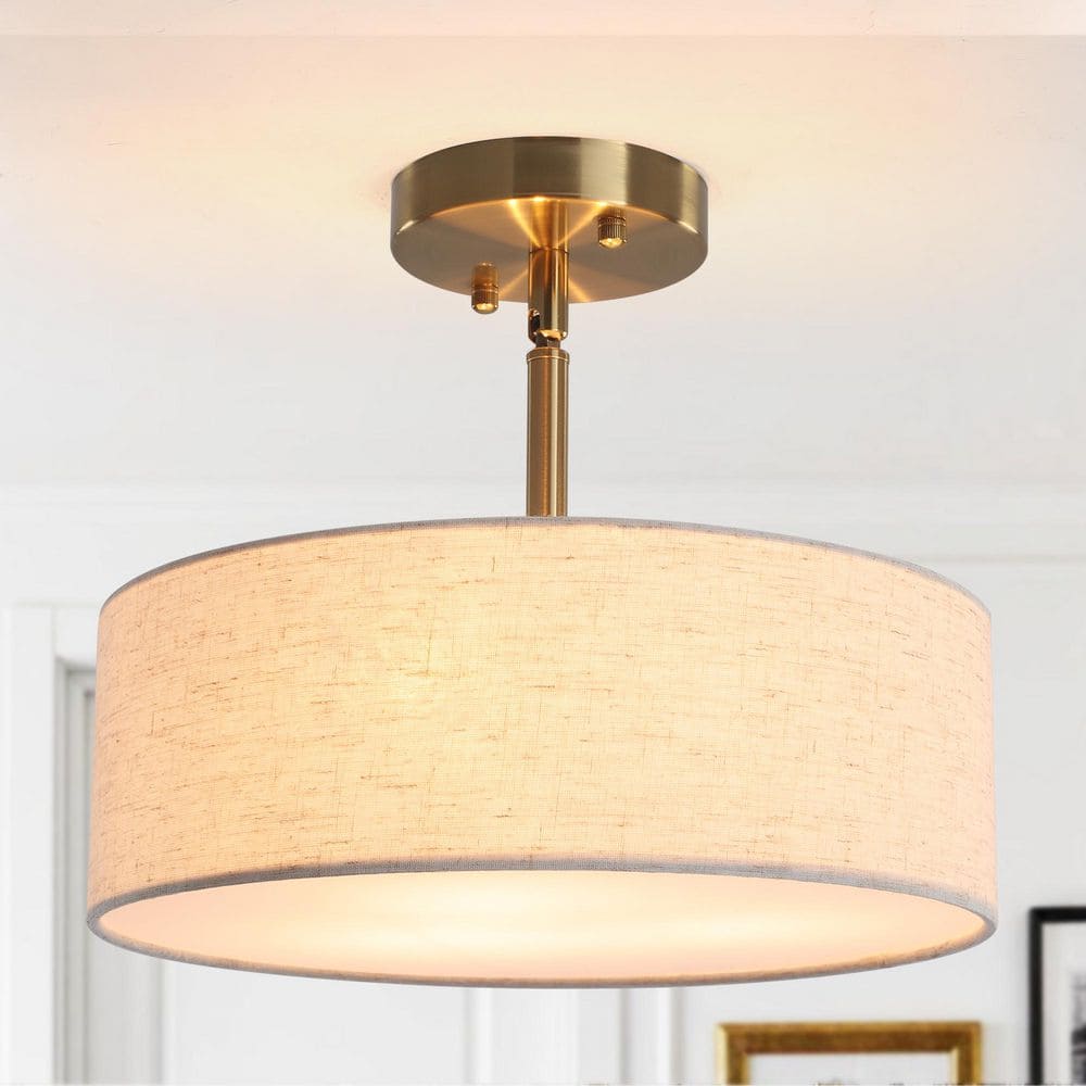 ZJVAIVE 12.6 in. 3-Light Antique Gold Round Drum Semi-Flush Mount