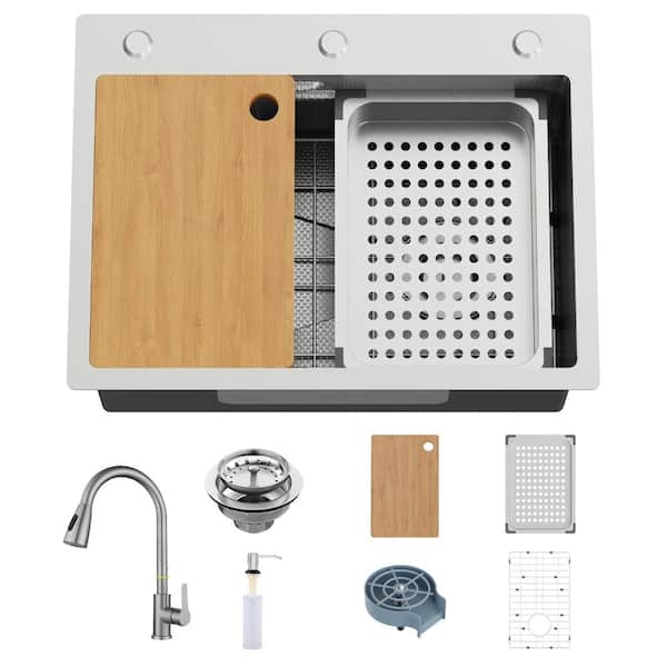 23.6 in. Drop-In Single Bowl 11-Gauge Stainless Steel Workstation Sink with Faucet, Cup Washer and 7-Piece Kit
