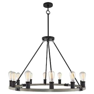 Jericho 60-Watt 12-Light Gray Oak Wood Style Farmhouse Chandelier, No Bulb Included