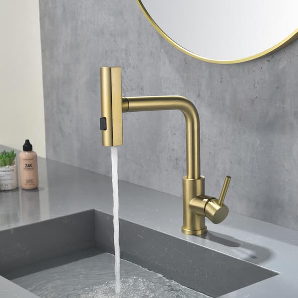 Single Hole Single Handle 14 in. H Pull Down Sprayer 1.69 GPM Kitchen Faucets with 180° Spout Swivel in Brushed Gold