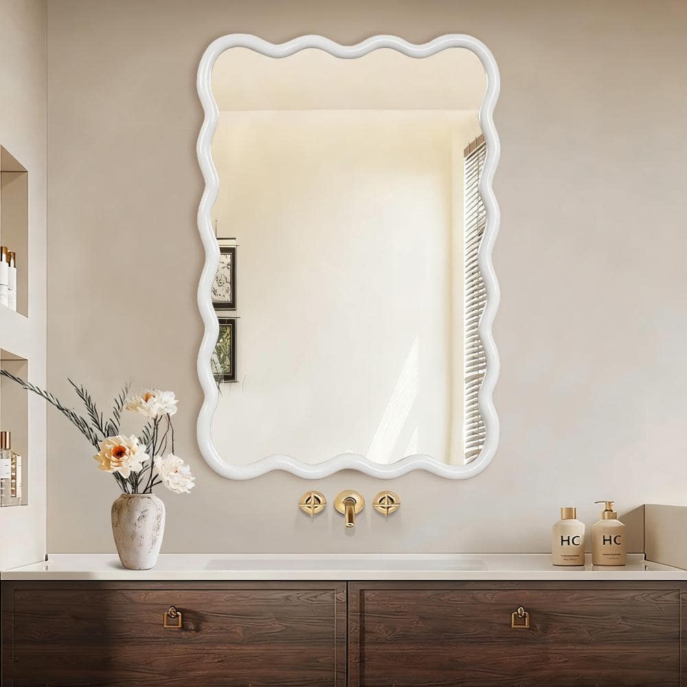 24 in. W x 36 in. H Wood Wavy Rectangle Decorative Mirror in White