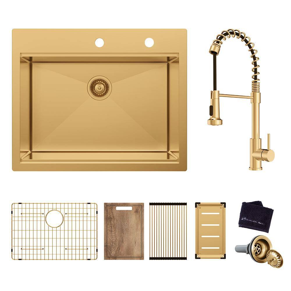 27 in. Drop-In Single Bowl 18-Gauge Gold Stainless Steel Workstation Kitchen Sink with Spring Neck Faucet price history on PriceWatchPro