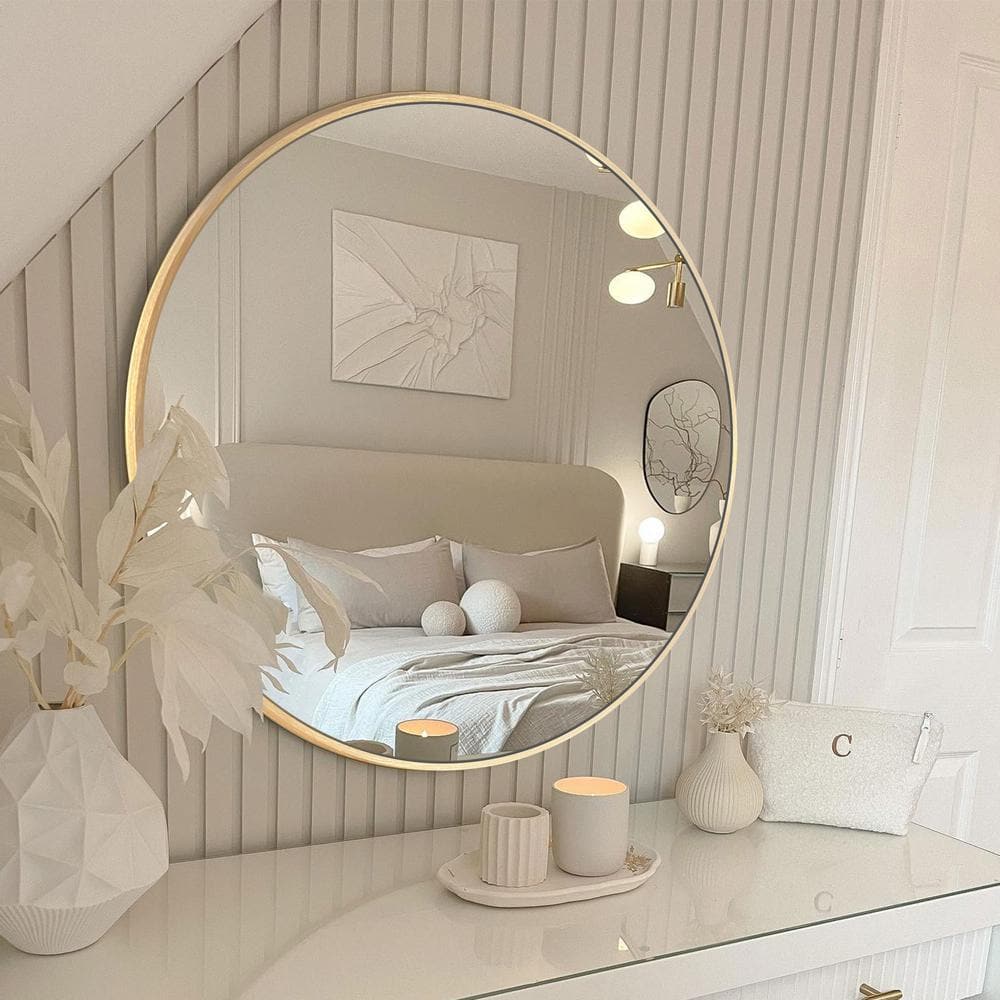 LuxHomez 24 in. W x 24 in. H Gold Vanity Round Wall Mirror Aluminum Alloy Frame Bathroom Mirror LLOM-60-GO - The Home Depot