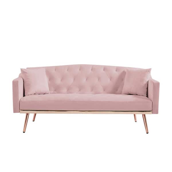 URTR 64.9 in. Pink Velvet Sofa Bed Living Room Button Tufted Sofa Couch Convertible Twin Sleeper size bed with Metal Legs
