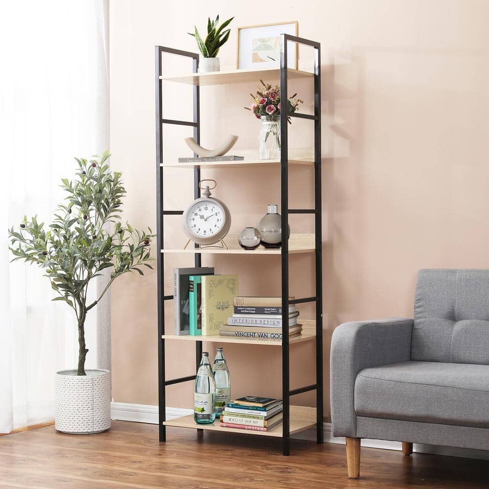 Industrial Black Metal and Wood 5-Shelf Etagere Bookcase