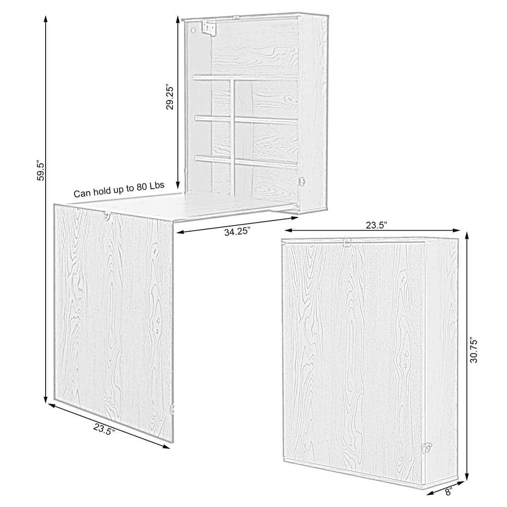 Brown Wood Foldable Wall Mount Laptop Desk with Shelves