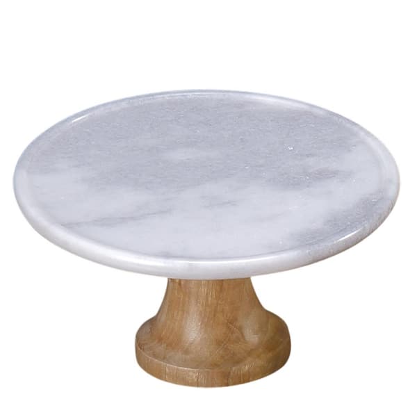 Creative Home "Taj Elite" Creamy White Marble with Mango Wood 12 in. Dia x 5.25 in. H Footed Cake Stand