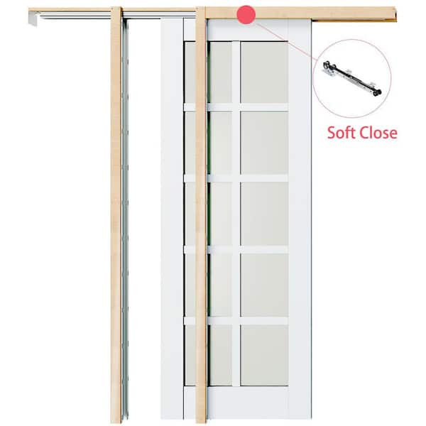 56 in. x 80 in. White Primed Solid Wood, 10 Lite Frosted Glass, Sliding Pocket Door with Soft Close, Frame and Hardware