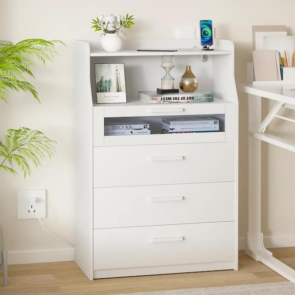 VECELO Tall Dresser with LED White-A for Bedroom, 4 Drawers 31.49 in. Dresser with Power Outlet and Fence