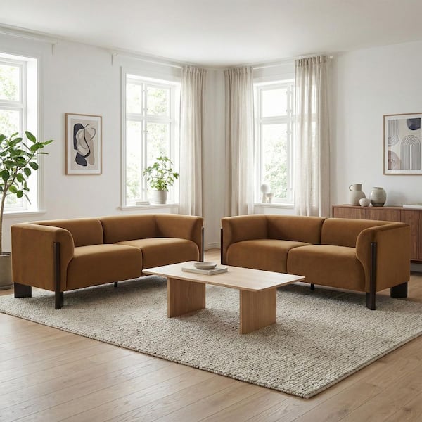 81.05 in. Flared Arm Velvet Rectangle 2-Seater Loveseat for Living Room in Orange with Solid Wood Leg(Set of 2)