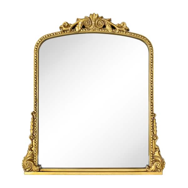 TEHOME Cummons 30 in. W x 34 in. H Small Baroque Ornate Arched Framed Wall Mounted Bathroom Vanity Mirror in Antiqued Gold