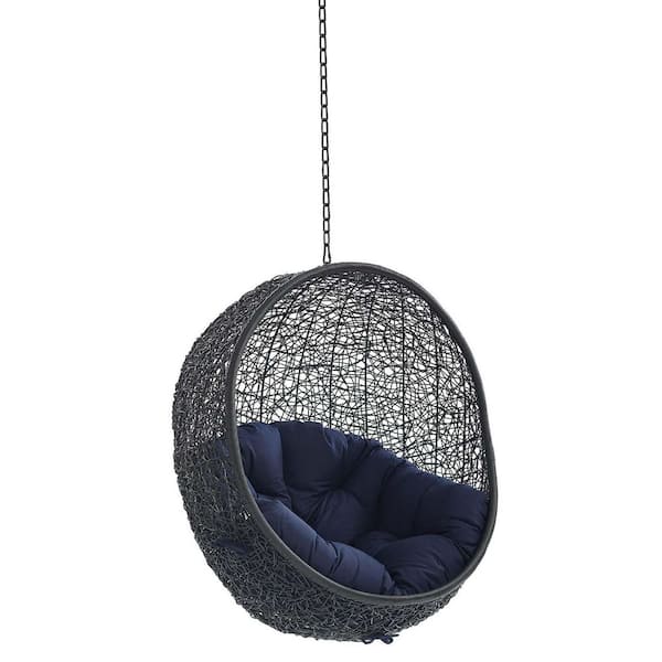 Encase Black Wicker Rattan Outdoor Patio Swing Chair with Hanging Steel Chain and Navy Cushion