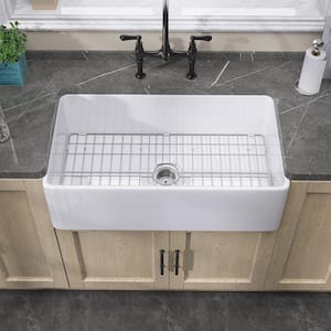 33 in. Apron Front Kitchen Sink Single Bowl White Rectangular Fireclay Farmhouse Kitchen Sink with Bottom Grid Strainer