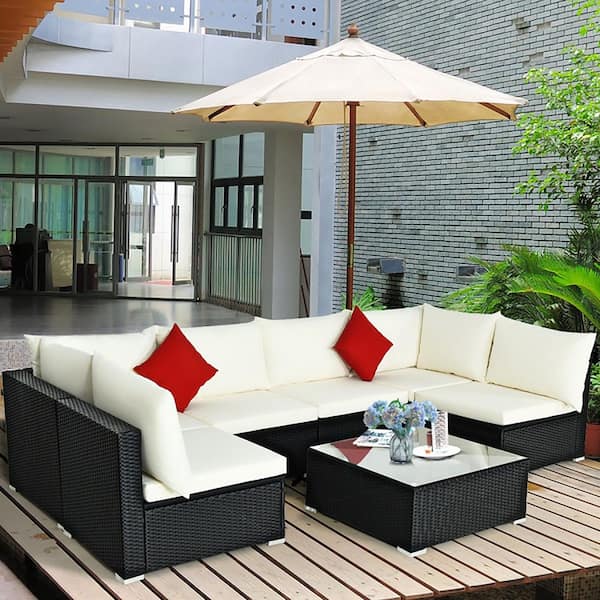 Boyel Living 7-Piece Wicker Outdoor Sectional Patio Sofa Set with Tempered Glass Top and Beige Cushions