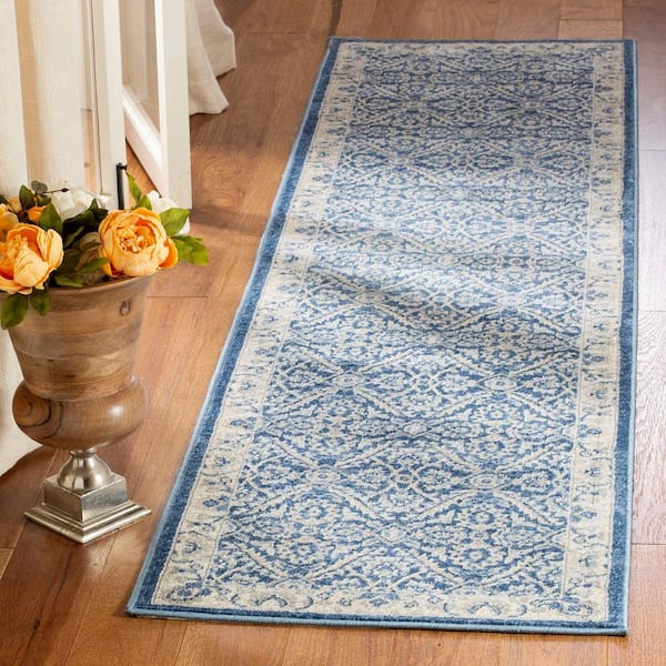 Brentwood Navy/Cream 2 ft. x 12 ft. Antique Floral Border Runner Rug