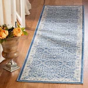 Brentwood Navy/Cream 2 ft. x 16 ft. Antique Floral Border Runner Rug