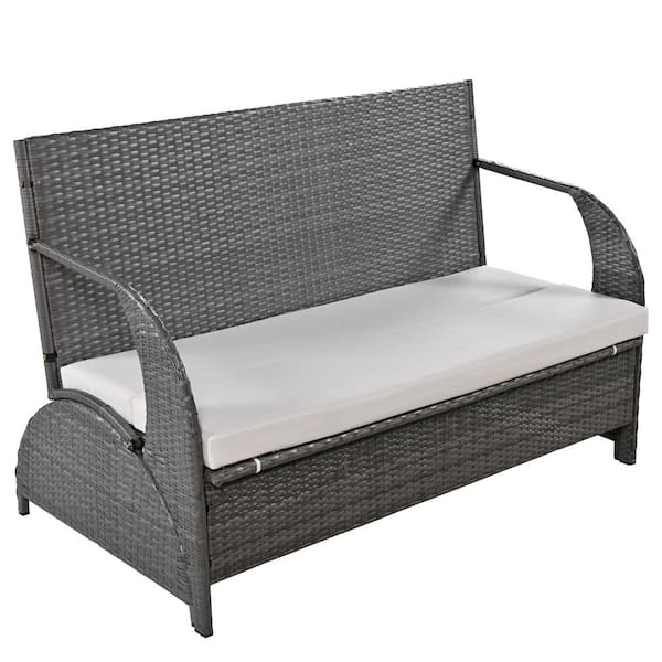 FIROMO Metal and Wicker Outdoor Loveseat with Beige Cushions, Convertible to Four Seats and A Table for Gardens, Lawns, patio