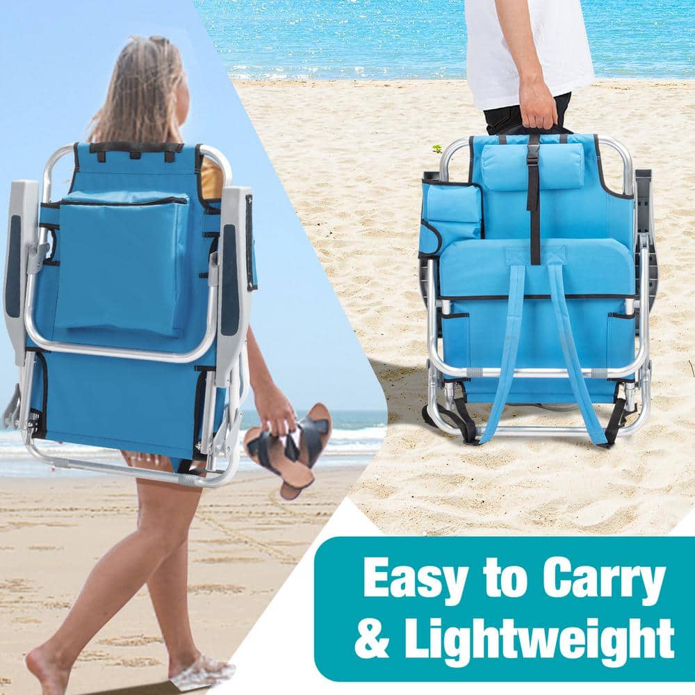 Blue Aluminum Folding Beach Chair with Armrest and Storage