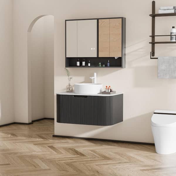 Baye 29.92 in. W Floating Black Bath Vanity with White Ceramic Sink and White Engineered Marble Top Unassembled