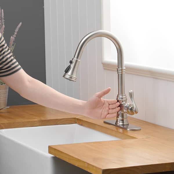 Touch Sensor Brushed Nickel Kitchen Faucet Sink Pull Down Sprayer Swivel  w/Cover 