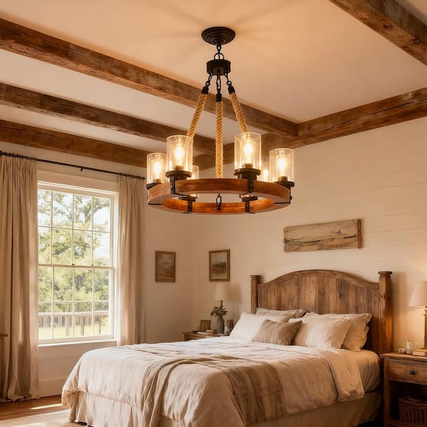 Farmhouse Wood 6-Light Rustic Wagon Wheel Chandelier with Glass Shades, Pendant Ceiling Light for Dining Room(No Bulbs)