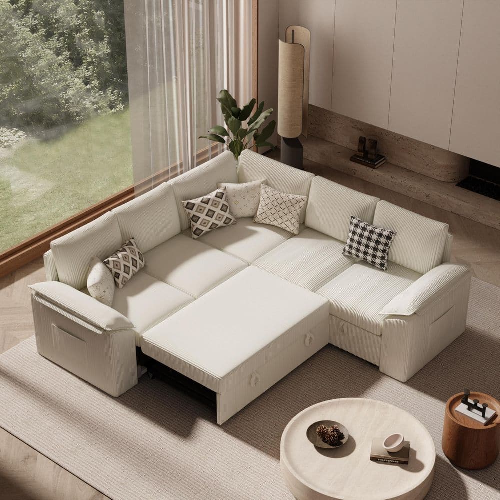 24 in. Arm Style Corduroy Modular Sofa in White with Storage Seats, Ottomans, Sleeper Sofa and Side Storage Pockets