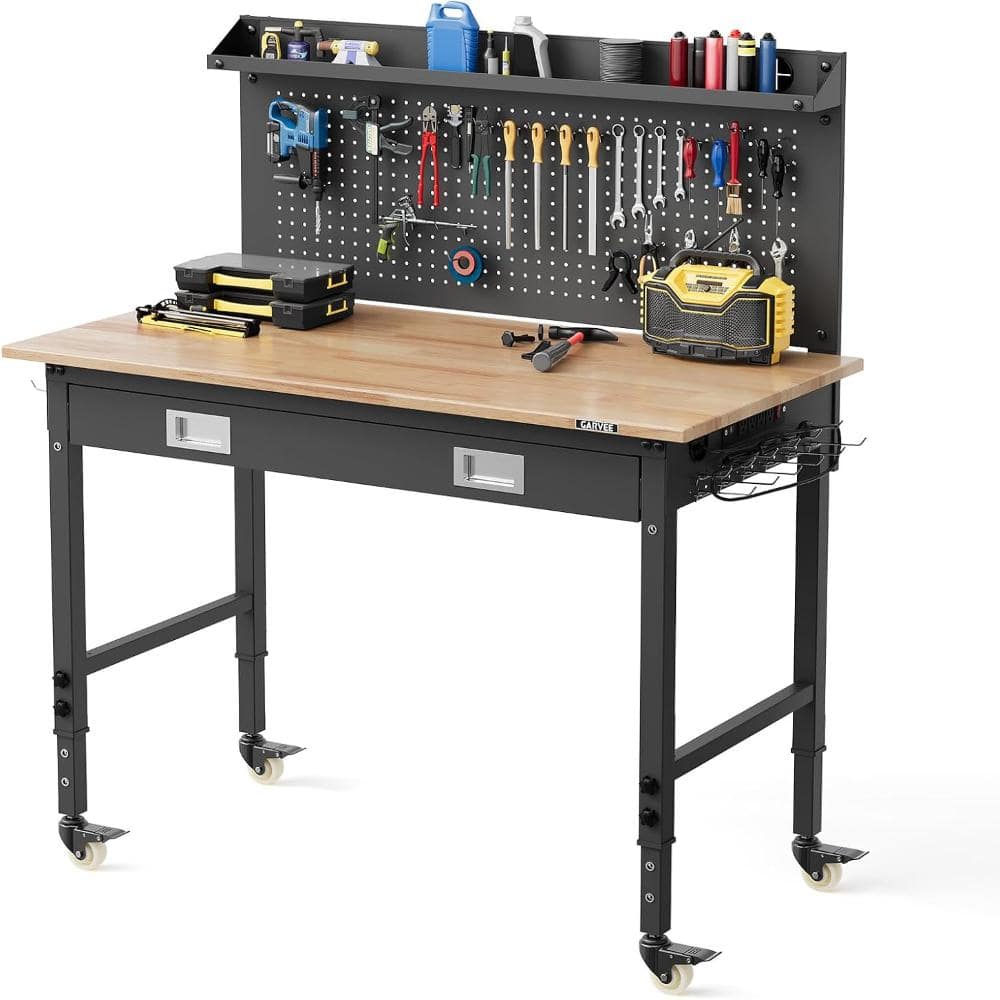 "48"" Wood Workbench with Drawers & Pegboard & Power Outlet, 6-Level Adjustable Height Mobile Garage Work Table" price history on PriceWatchPro