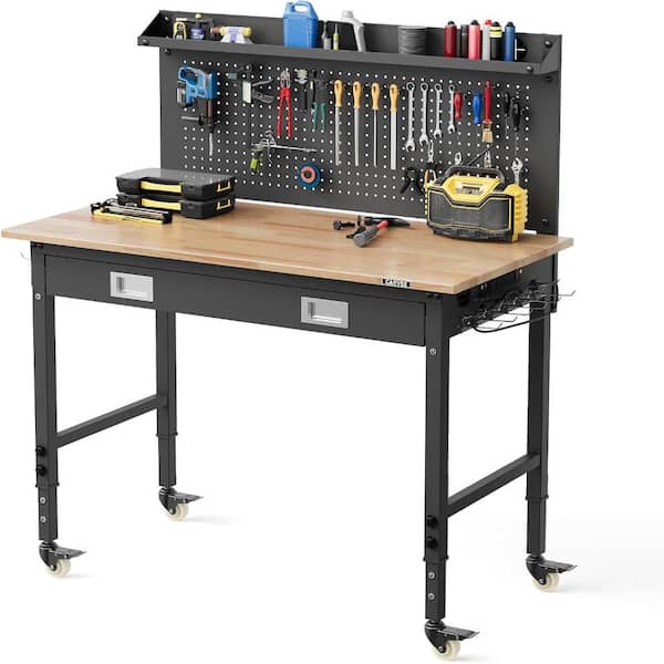 48" Wood Workbench with Drawers & Pegboard & Power Outlet, 6-Level Adjustable Height Mobile Garage Work Table