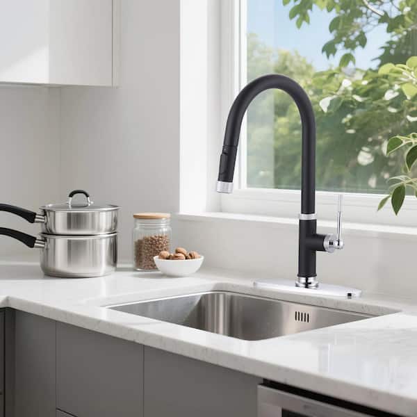 17 in. Single Handle Pull Down Sprayer Kitchen Faucet with 2-Water Modes and 360° Spout Swivel in Chrome and Black