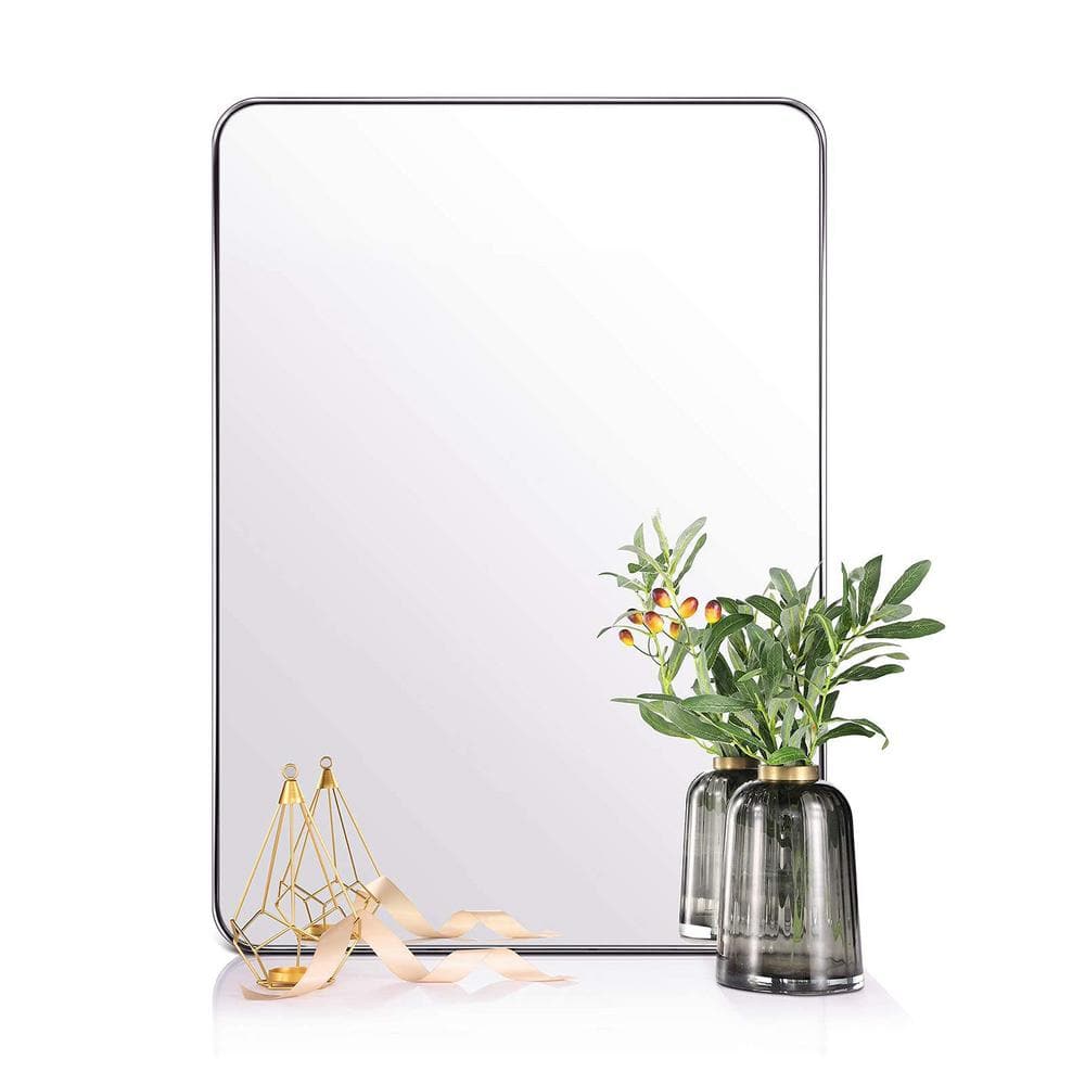 Modern 24 in. W x 32 in. H Rounded Rectangular Metal Framed Silver ...