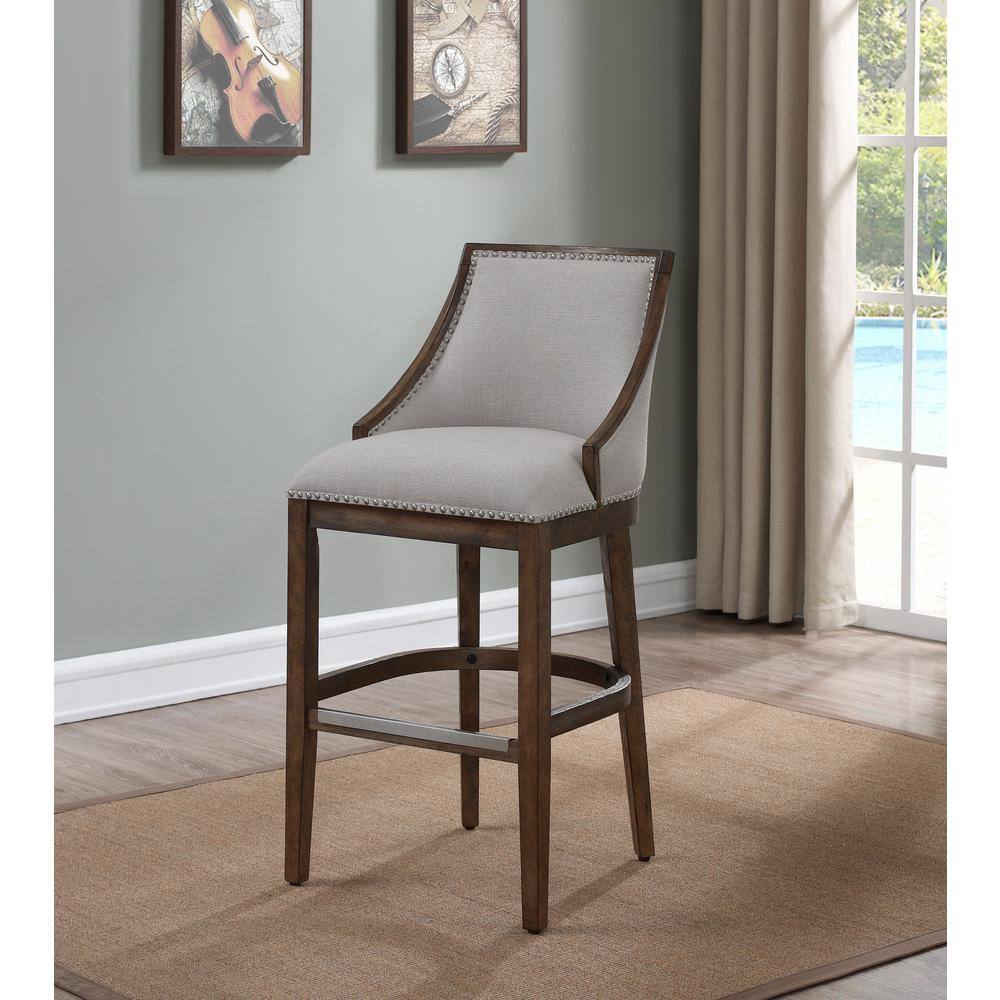Elegant Transitional Driftwood Brown Bar Stool with Beige Fabric