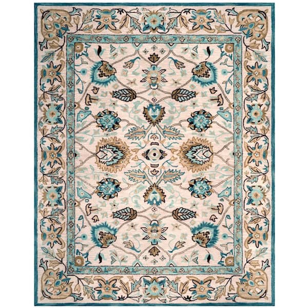 Antiquity 8 ft. x 10 ft. Peacock/Blue Border Floral Solid Color Area Rug