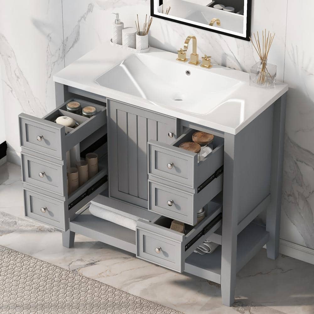 36 in. W x 18 in. D Freestanding Grey Painted Bath Vanity with White Ceramic Sink, 3 Drawers and Cabinet price history on PriceWatchPro