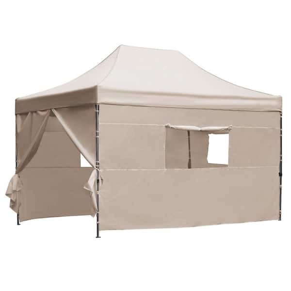 10 ft. x 15 ft. Khaki Heavy-Duty Party Pop Up Canopy Tent with 4 Sidewalls, 3 Height Adjustable