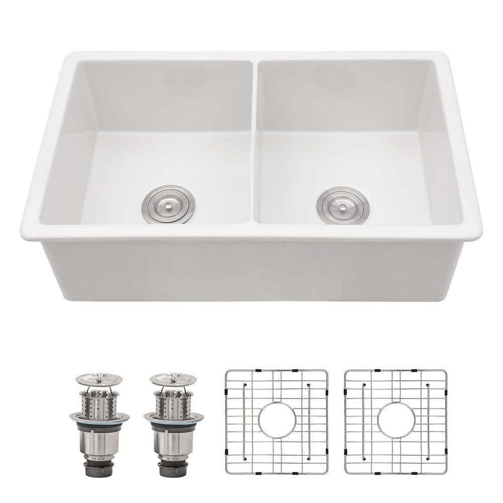 32 in. White Fireclay Double Bowl Undermount Kitchen Sink 50/50 Split Porcelain Ceramic Dual Mount Sink with accessories price history on PriceWatchPro