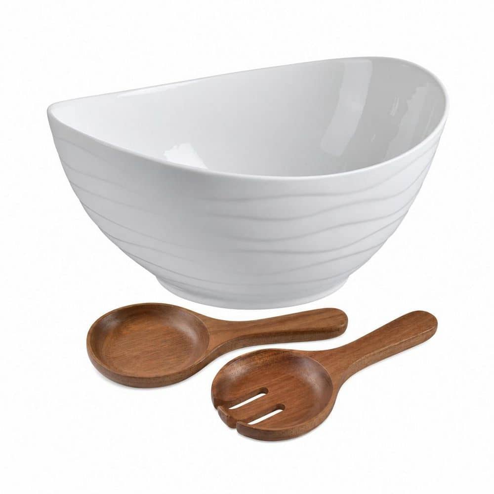 90 fl. oz. White Ceramic Oval Salad Bowl Set with Premium Acacia Wood Salad Serving Utensils price history on PriceWatchPro