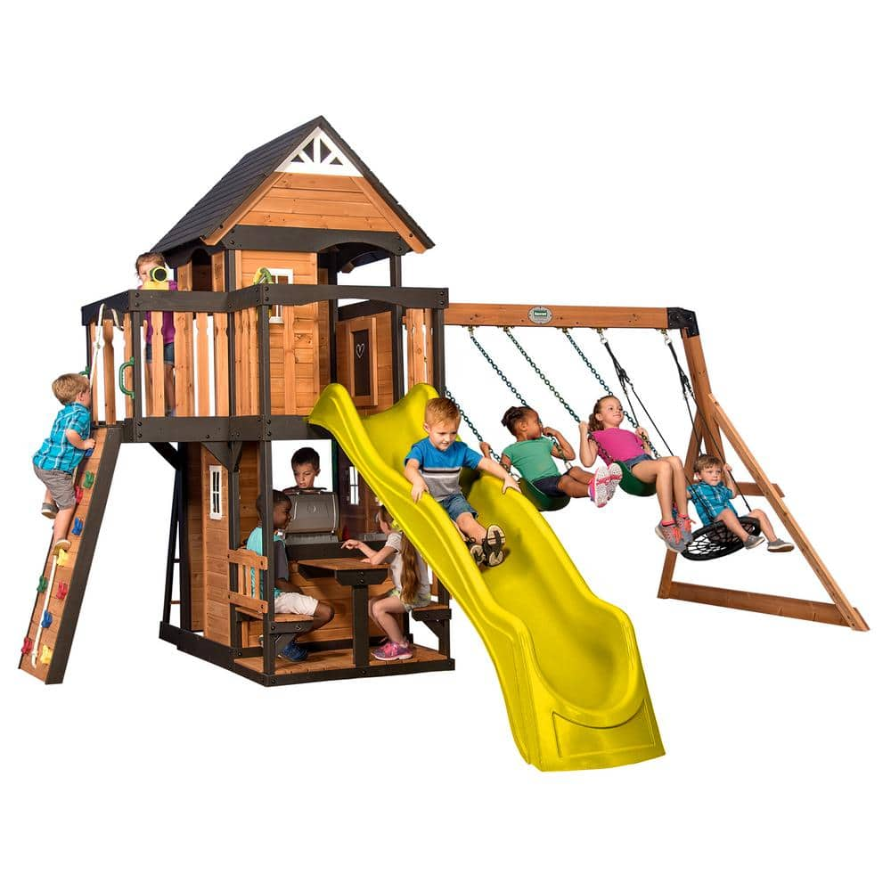 Canyon Creek All Cedar Swing Set Playset w/ Rockwall Upper Fort Belt Swing Web Swing Yellow Wave Slide, and Play Kitchen -  Backyard Discovery, 2200272COM