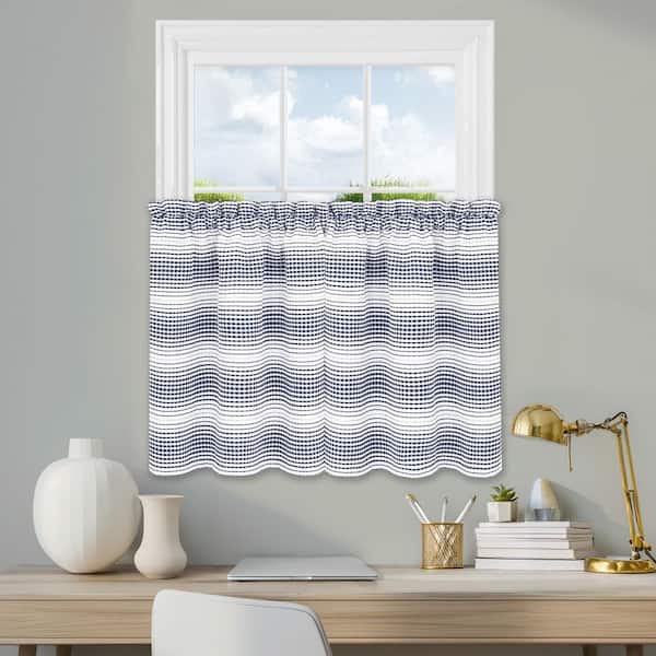 Gramercy Navy Polyester Gradient Stripe 58 in. W x 24 in. L Waffle Weave Indoor Rod Pocket Tier Curtain Pair