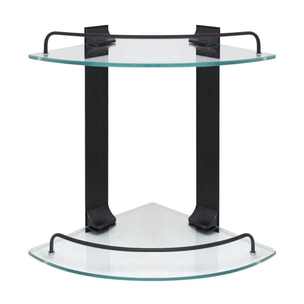 9.5 in. W Double Glass Corner Shelf with Pre-Installed Rails in Rubbed Bronze