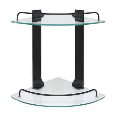 9.5 in. W Double Glass Corner Shelf with Pre-Installed Rails in Rubbed Bronze