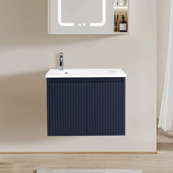 24 in. Wall-Mounted Navy Blue Bath Vanity with White Resin Top Unassembled