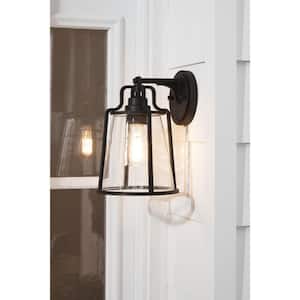 Benton Harbor Collection 1-Light Textured Black Clear Glass Urban Industrial Outdoor Large Wall Lantern Light