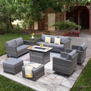 Moonshadow Gray 8-Piece Wicker Patio Rectangular Fire Pit Set with Dark Gray Cushions and Swivel Rocking Chairs