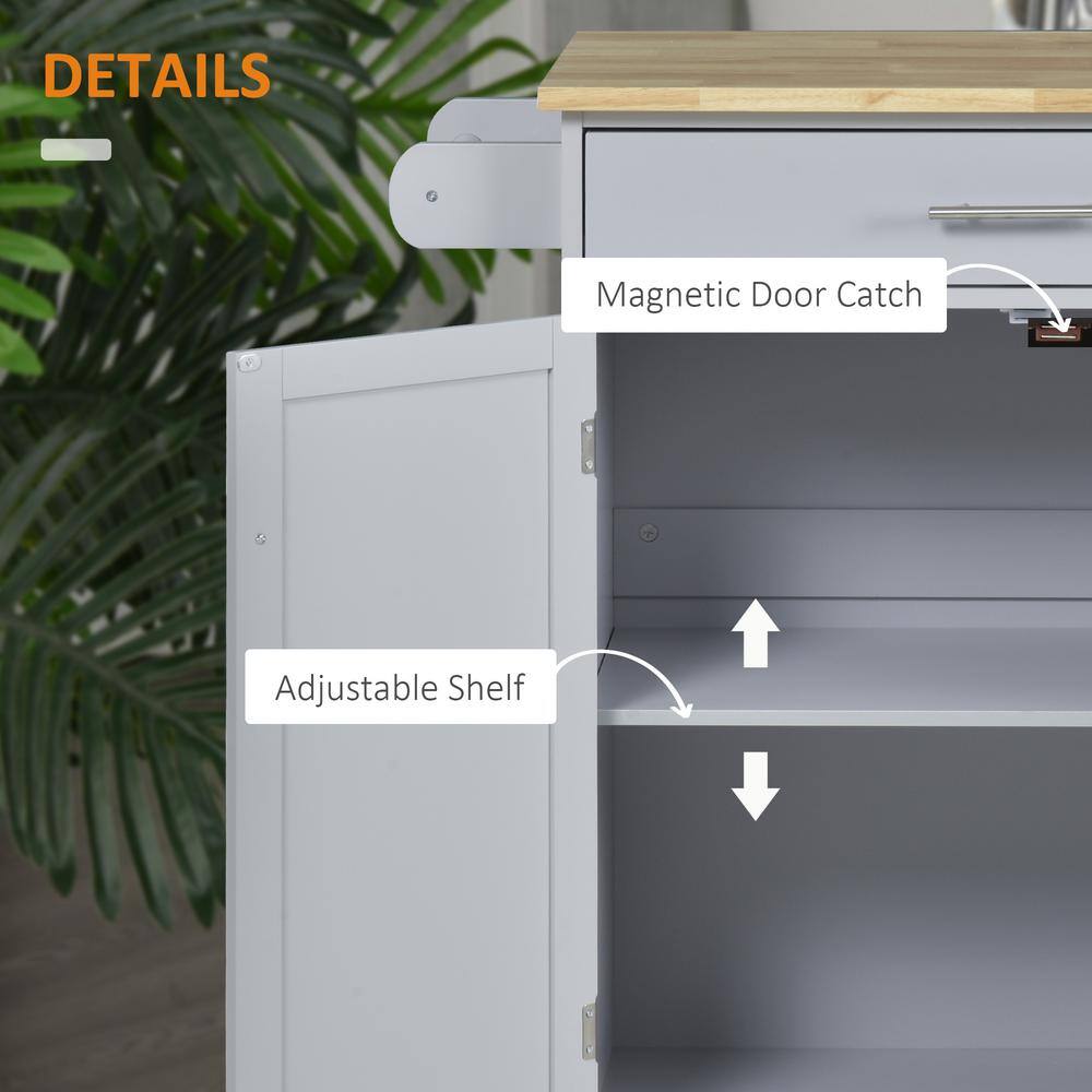 Grey Wood Rolling Kitchen Cart with Storage and Towel Rack