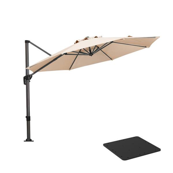 PURPLE LEAF 11 ft. Octagon Aluminum Outdoor Patio Cantilever Umbrella Offset 360-Degree Rotation Umbrella with Base Plate, Beige