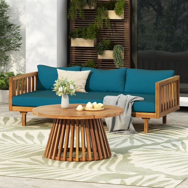 2-Piece Teak Brown Acacia Wood Patio Conversation Set with Teal Blue Cushions